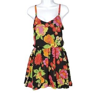 Mimi Chica Sun Dress Lined Size S Blouson Black Tiki Tropical Aloha Hawaii Twee